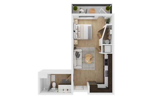 A top-down view of a small apartment with a kitchen, living room, and bathroom  at Spyglass Hill Apartments, Bremerton, 98337